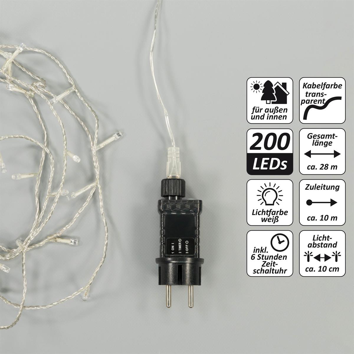 Lichterkette 200 LED weiß transparentes Kabel Trafo Timer Außen Partybeleuchtung 
