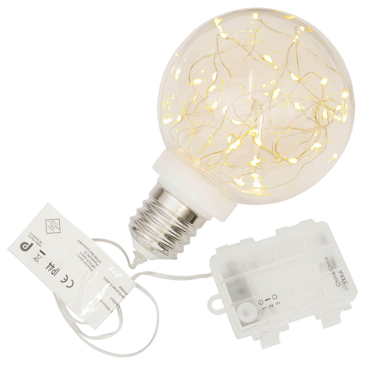 Dekokugel „Glühbirne“ 30 LED warm weiß Ø 12 cm Lichterkugel Batterie Timer