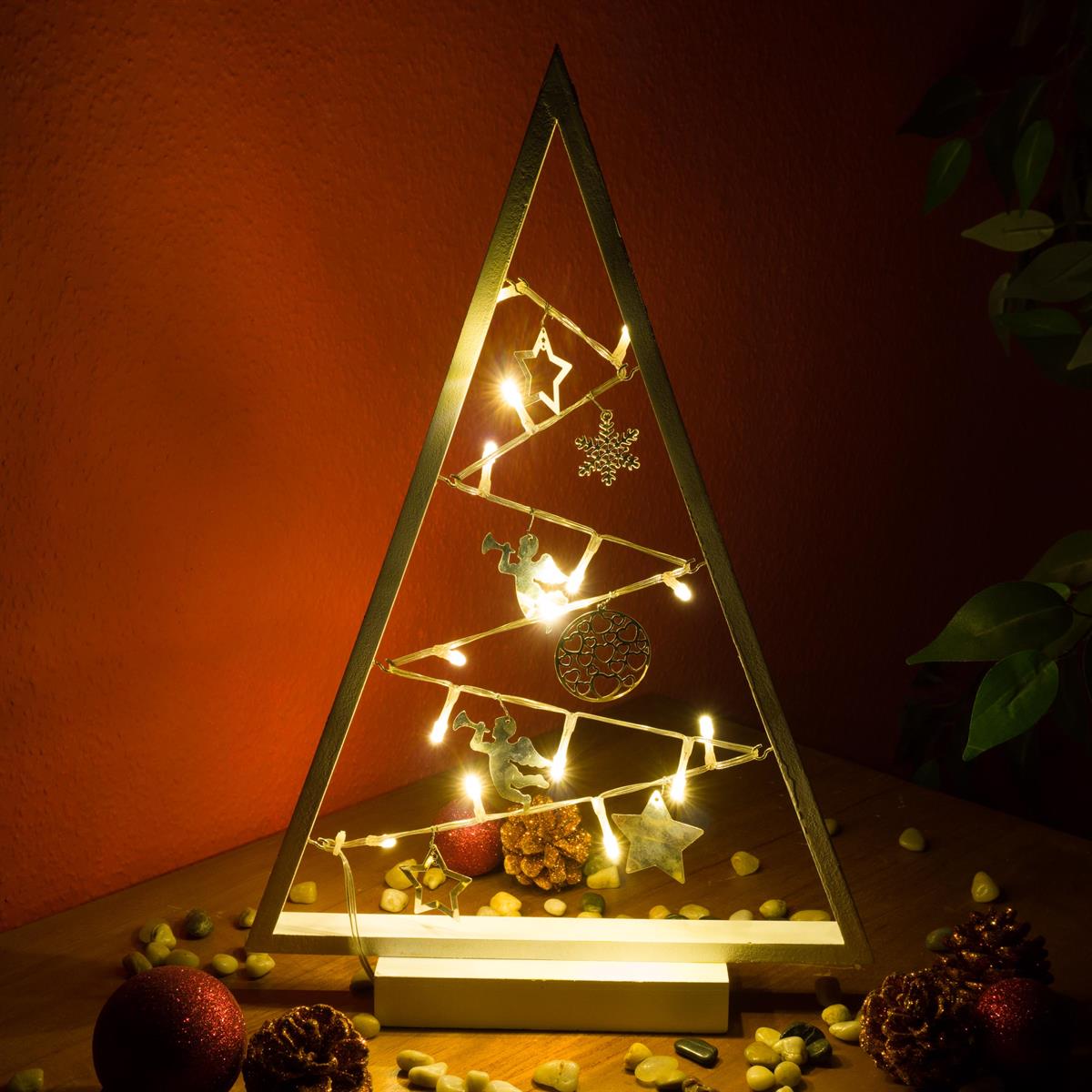 Dekoleuchte „Weihnachten“ Rahmen weiß Lichterkette 15 LED Dreieck Batterie Timer 