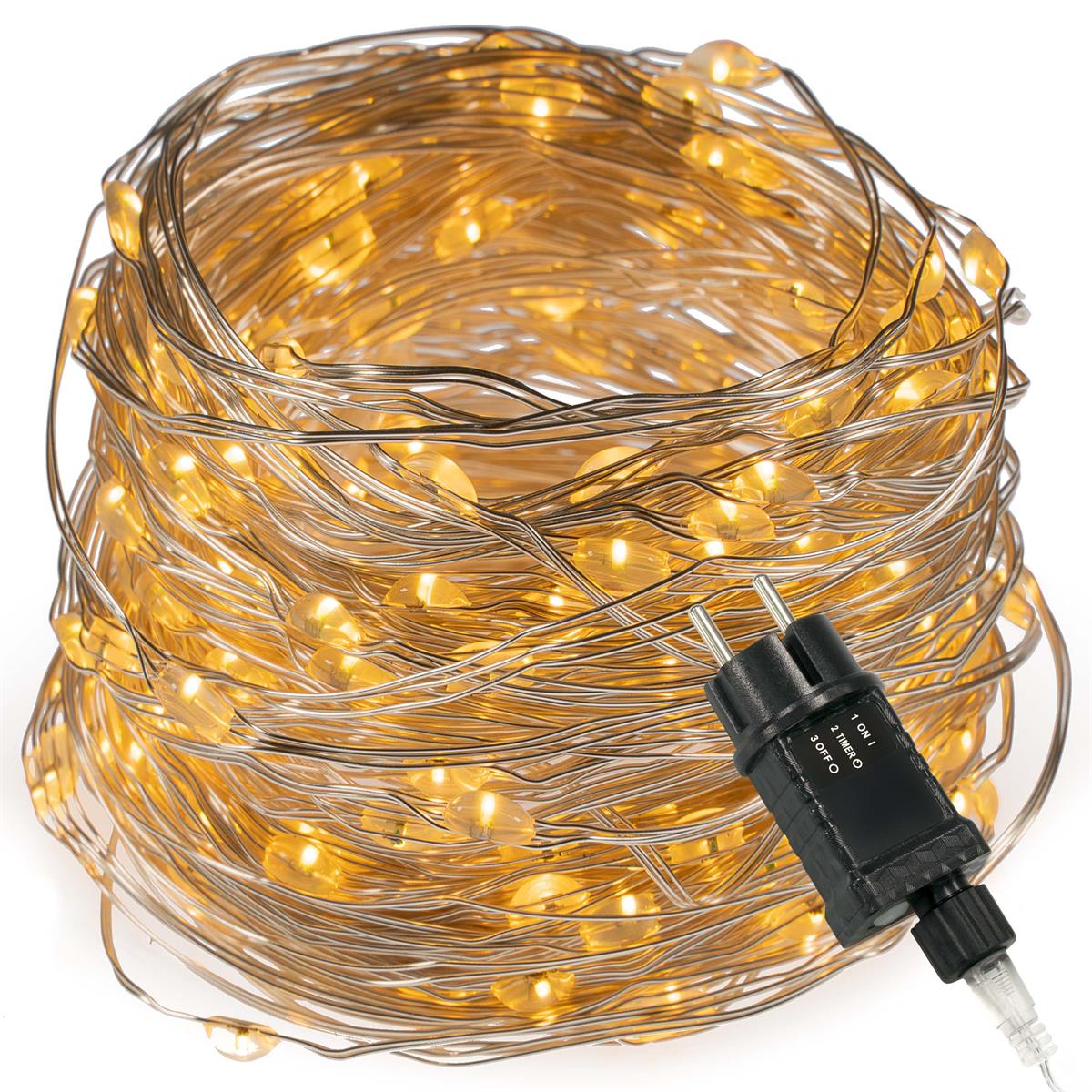 200 LED Lichterkette Silberdraht warmweiß Weihnachtsdeko Trafo Timer X-mas