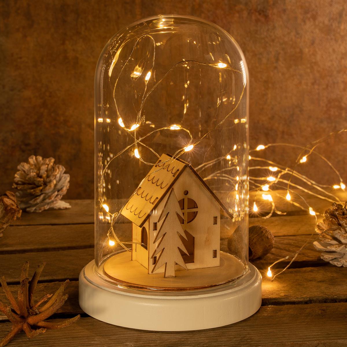 Deko-Glocke mit Lichterkette Holz-Hütte Kuppel 10 LED warm weiß Batterie  Timer