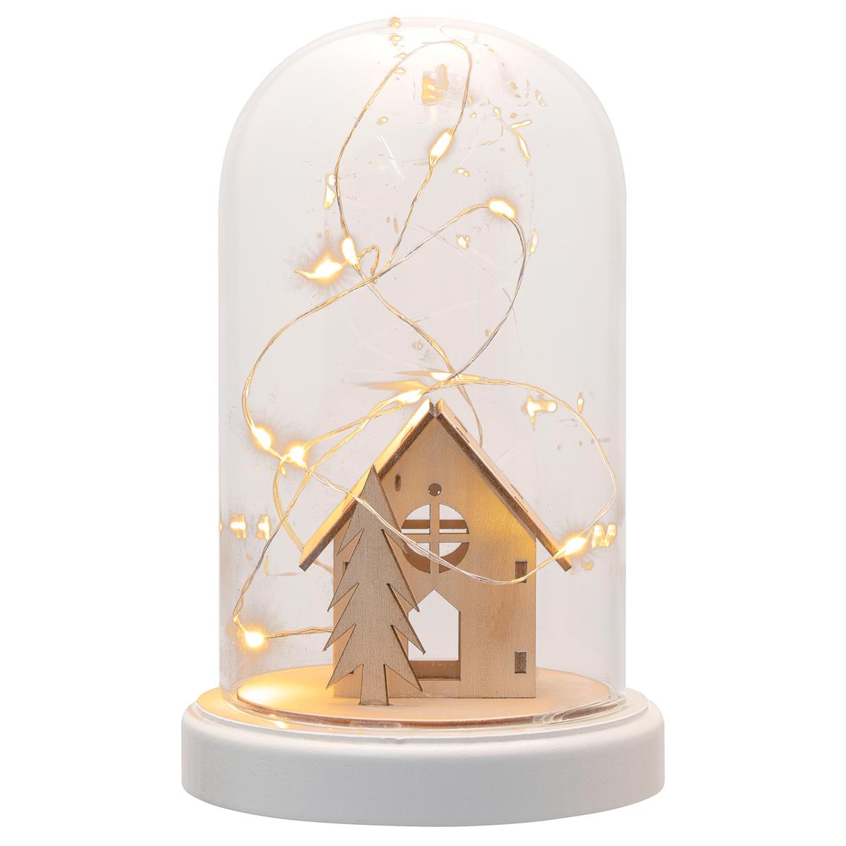 Deko-Glocke mit Lichterkette Holz-Hütte Kuppel 10 LED warm weiß Batterie Timer