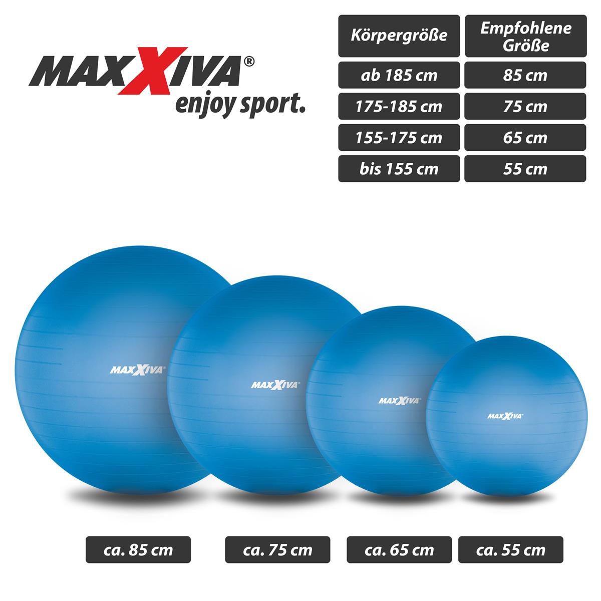 MAXXIVA Gymnastikball Ø 65 cm Blau mit Pumpe Sitzball Fitness Yoga Pilates 