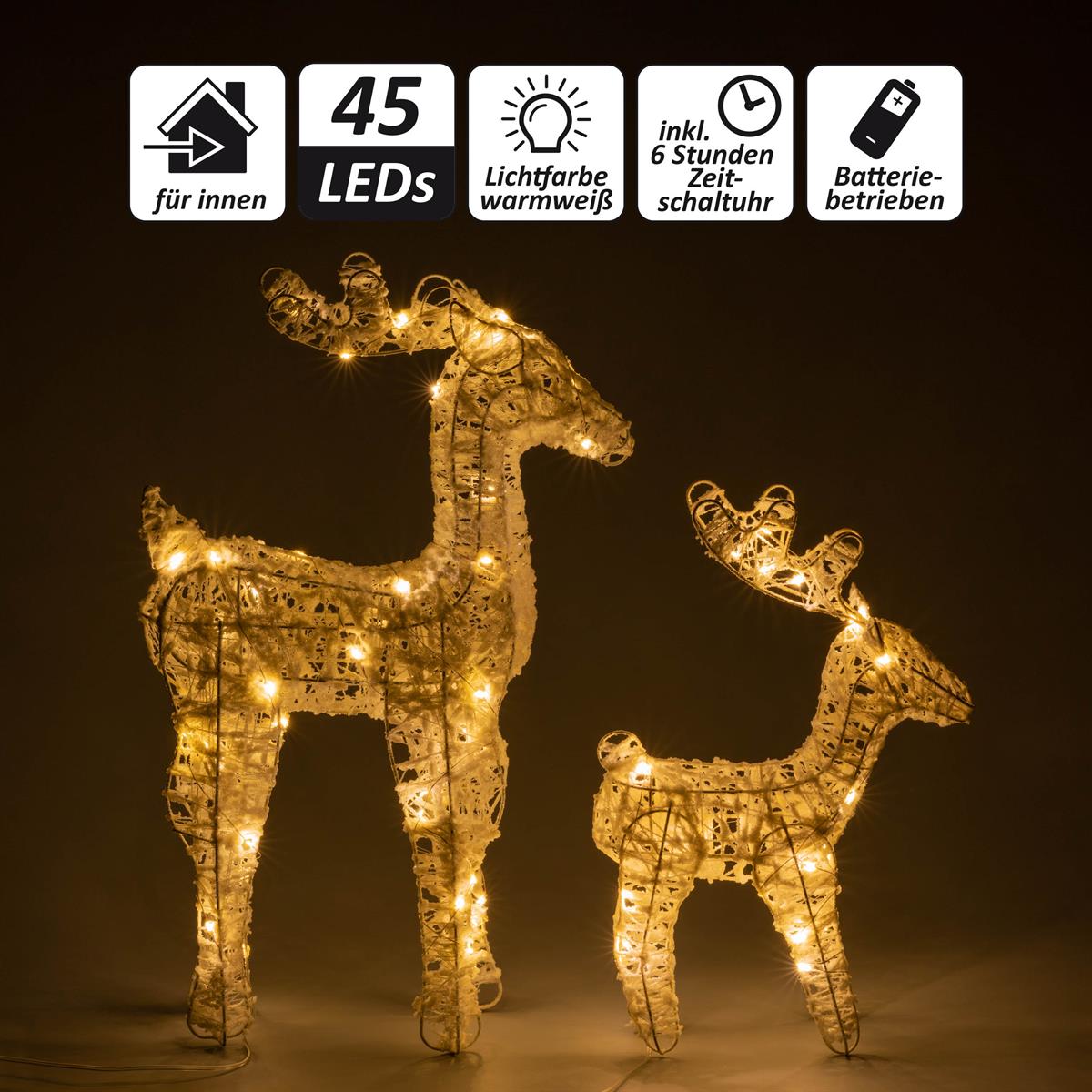 2er Set Glitzer Rentiere 45 LED Batterie Timer Weihnachten 2 Figuren  Xmas-Deko | Leuchtfiguren