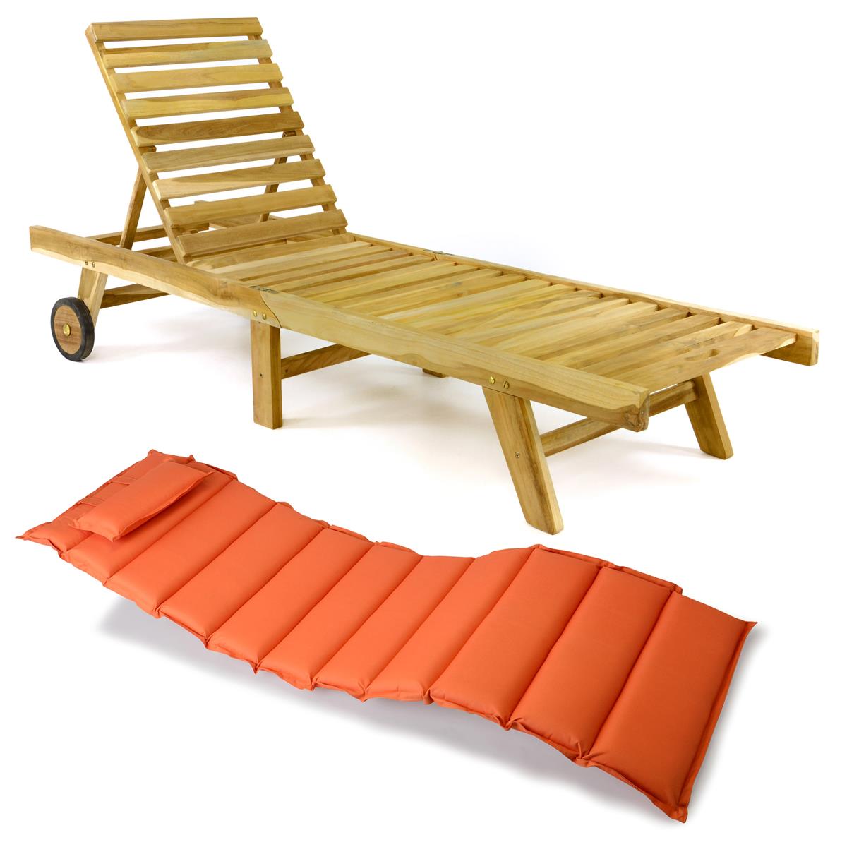 DIVERO Sonnenliege Gartenliege klappbar Teak-Holz natur Auflage orange