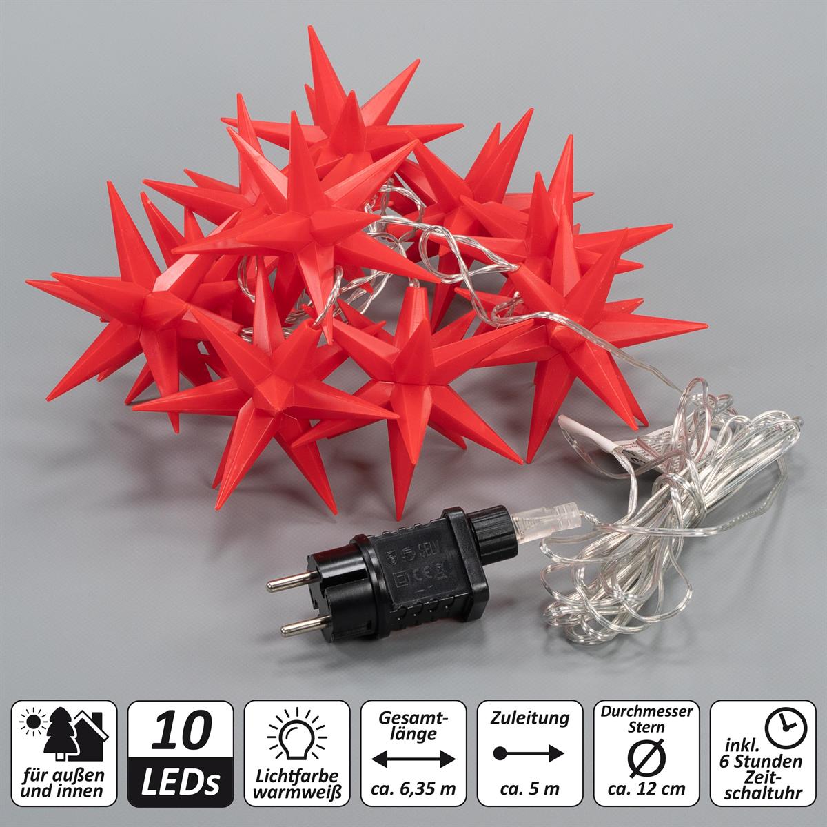 10 LED Lichterkette Weihnachts-Sterne rot Xmas Trafo Weihnachts-Deko Timer