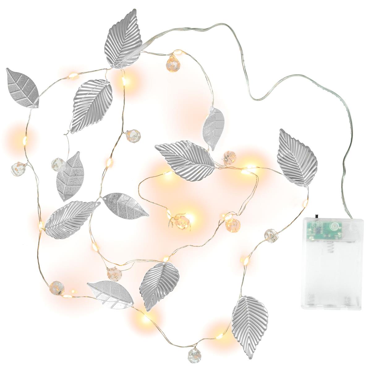 Lichterkette Perlen + Blätter Silber 20 LED warm weiß Batterie Timer Xmas