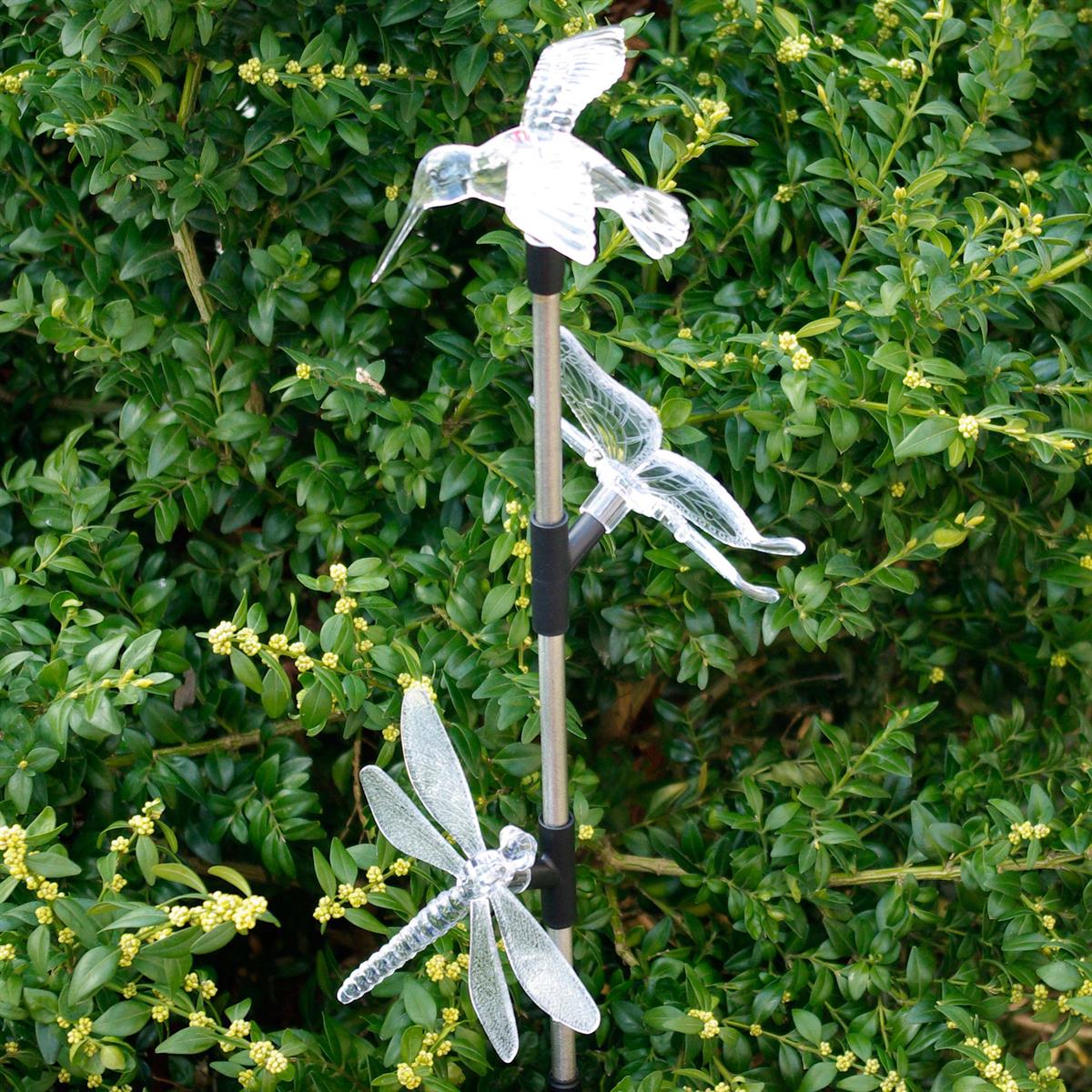 LED SOLAR Erdspieß Garten Wegbeleuchtung 3 Figuren Schmetterling Libelle Kolibri 