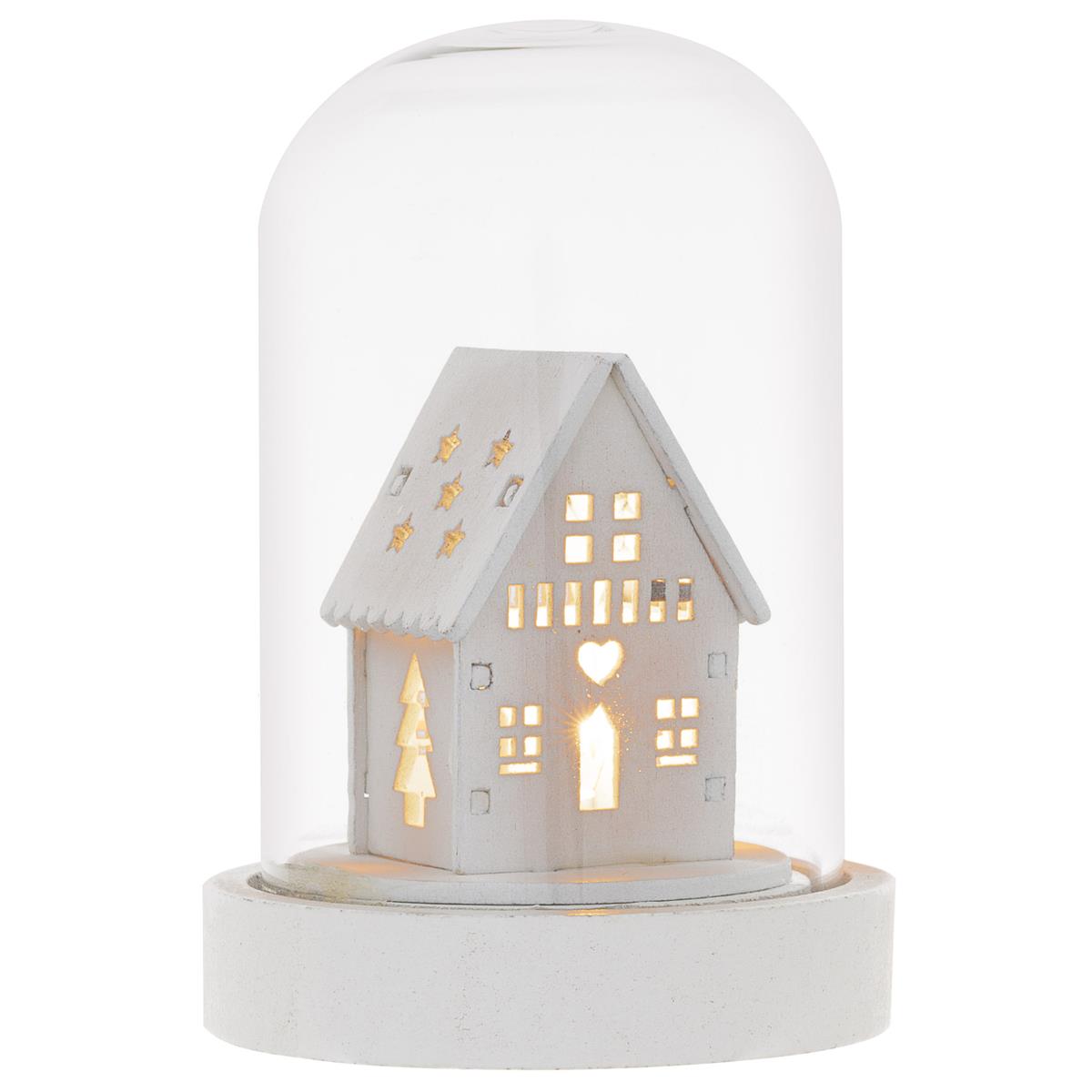 Glaskuppel Motiv Winter-Haus 1 LED warm weiß Batterie Timer Weihnachts-Deko