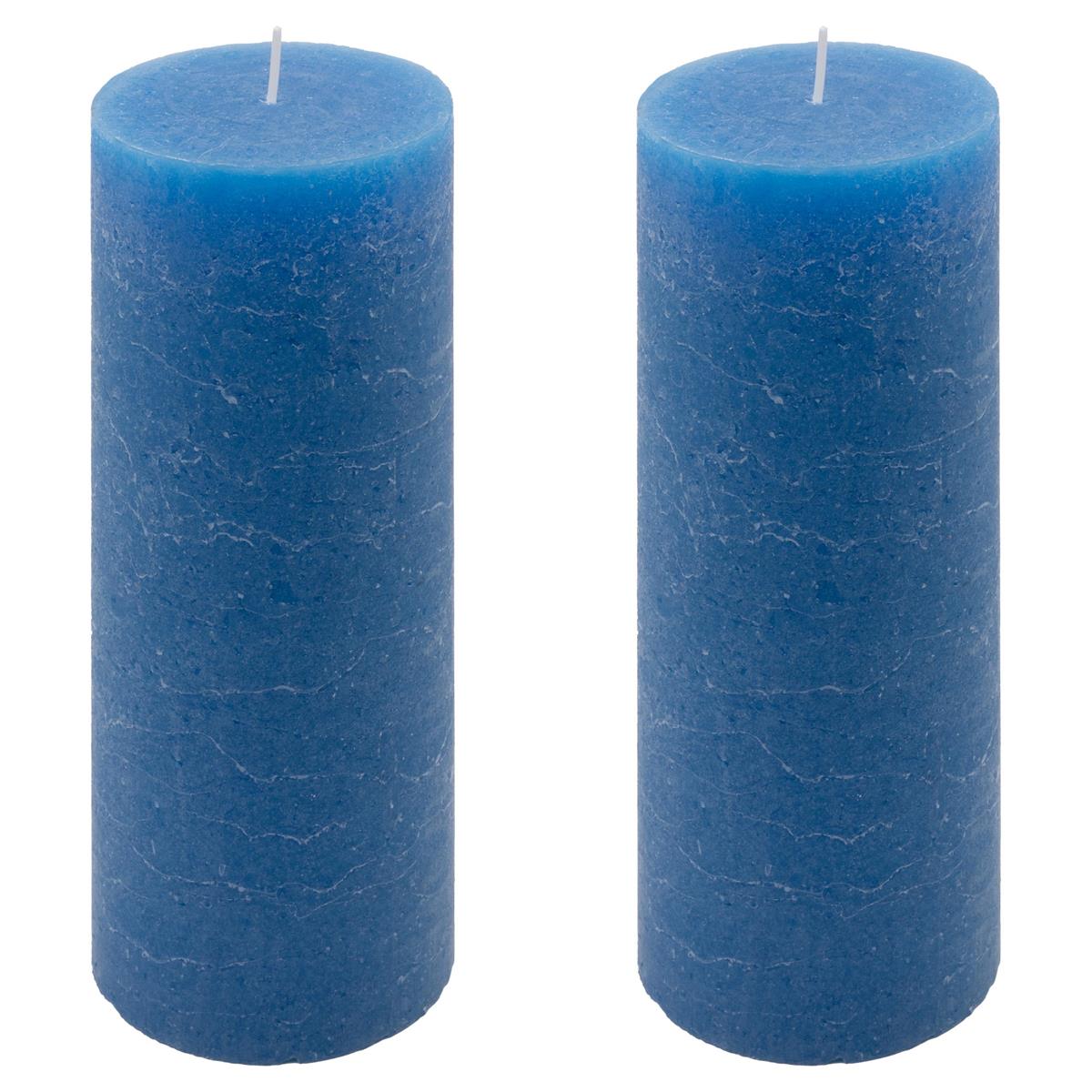 2er Set Rustik-Kerzen blau Höhe 20 cm Ø 7,5 cm lange Brenndauer Rund-Kerze