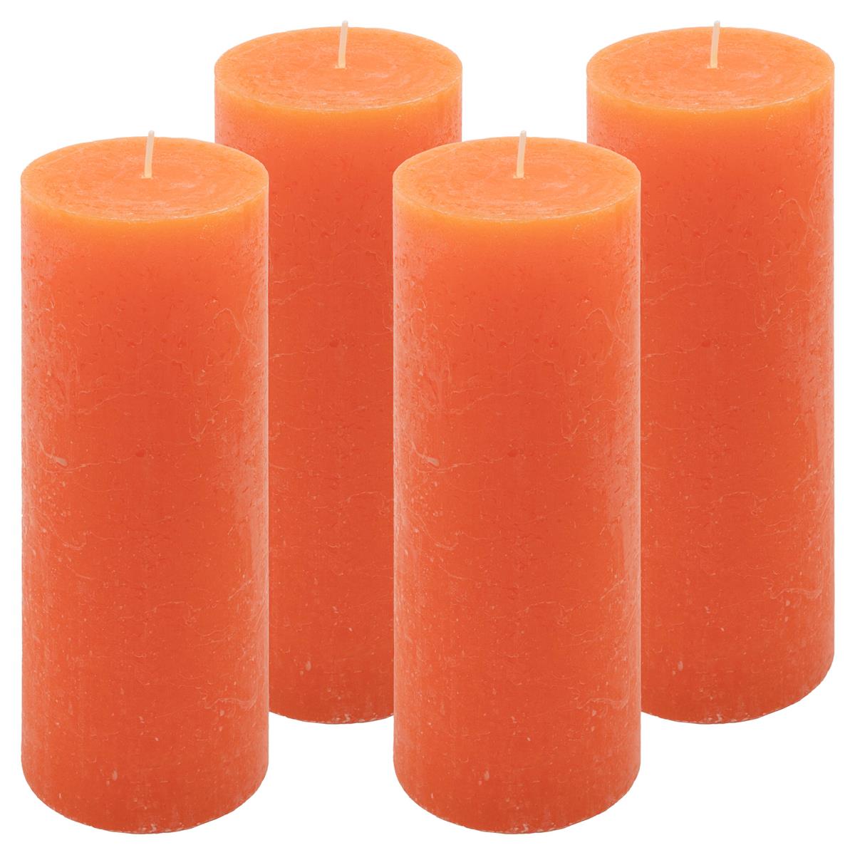 4er Set Rustik-Kerzen orange Höhe 20 cm Ø 7,5 cm lange Brenndauer Rund-Kerze