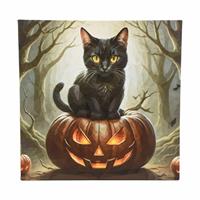 Wandbild mit LED Kunstdruck Beleuchtung Katze auf Kürbis 40 x 40 cm Timer Batterie