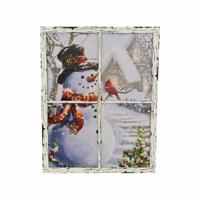 Wandbild mit LED Kunstdruck Beleuchtung Schneemann Fenster 49 x 38,5 Timer Batterie