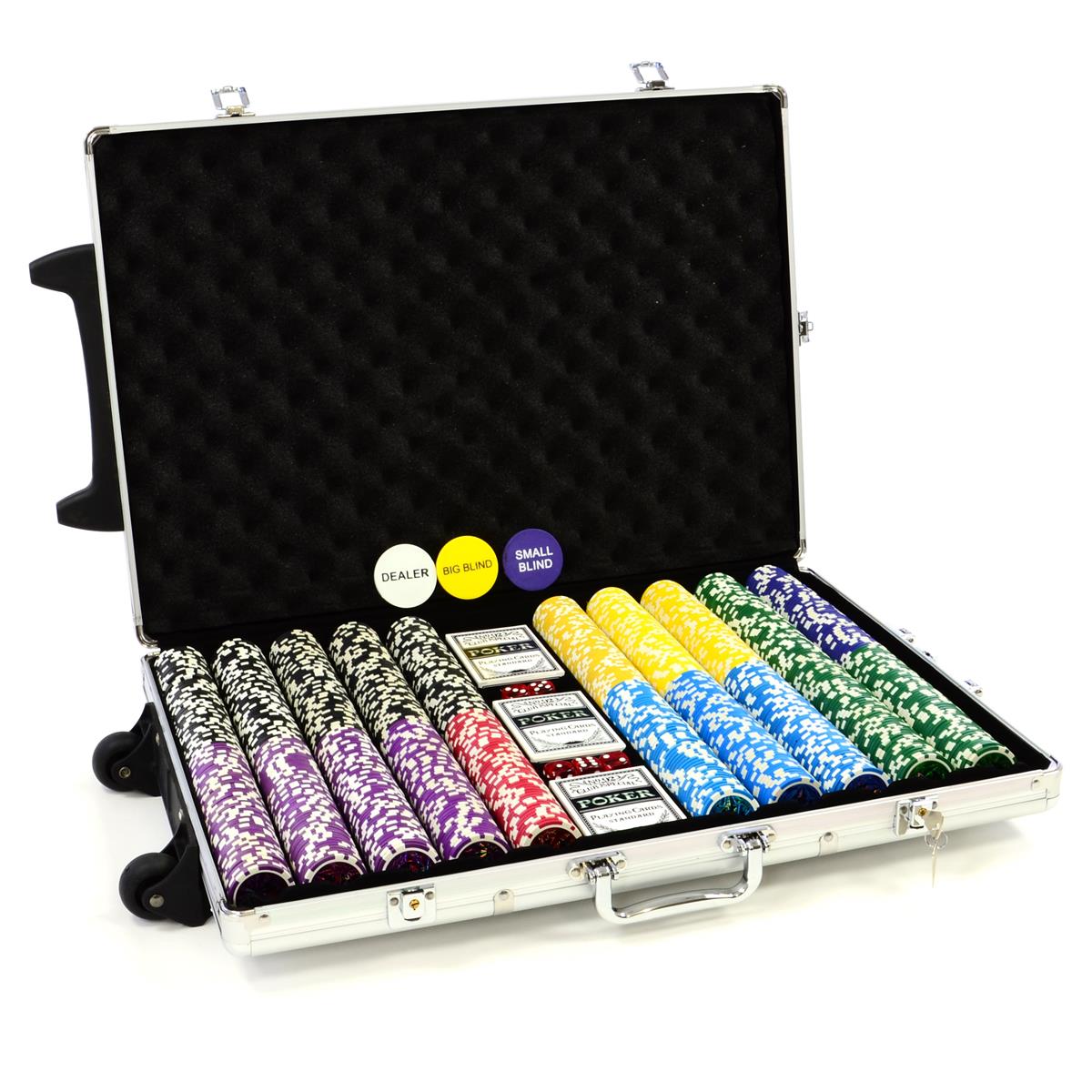 Luxus-Trolley-Pokerkoffer silber mit 1000 Laser Pokerchips und viel Zubehör