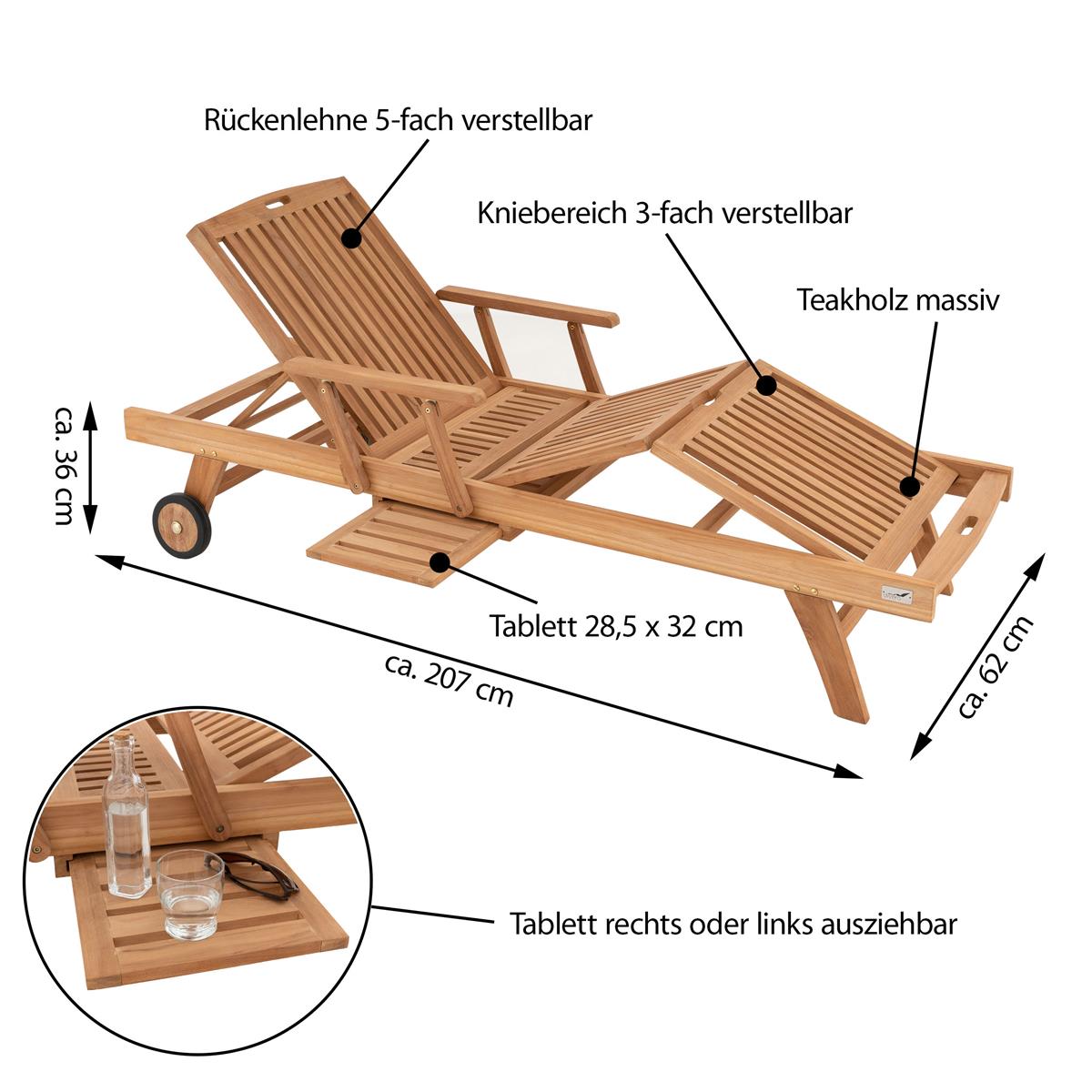 DIVERO Sonnenliege Garten Liege Räder Tablett Armlehne Teak Holz behandelt