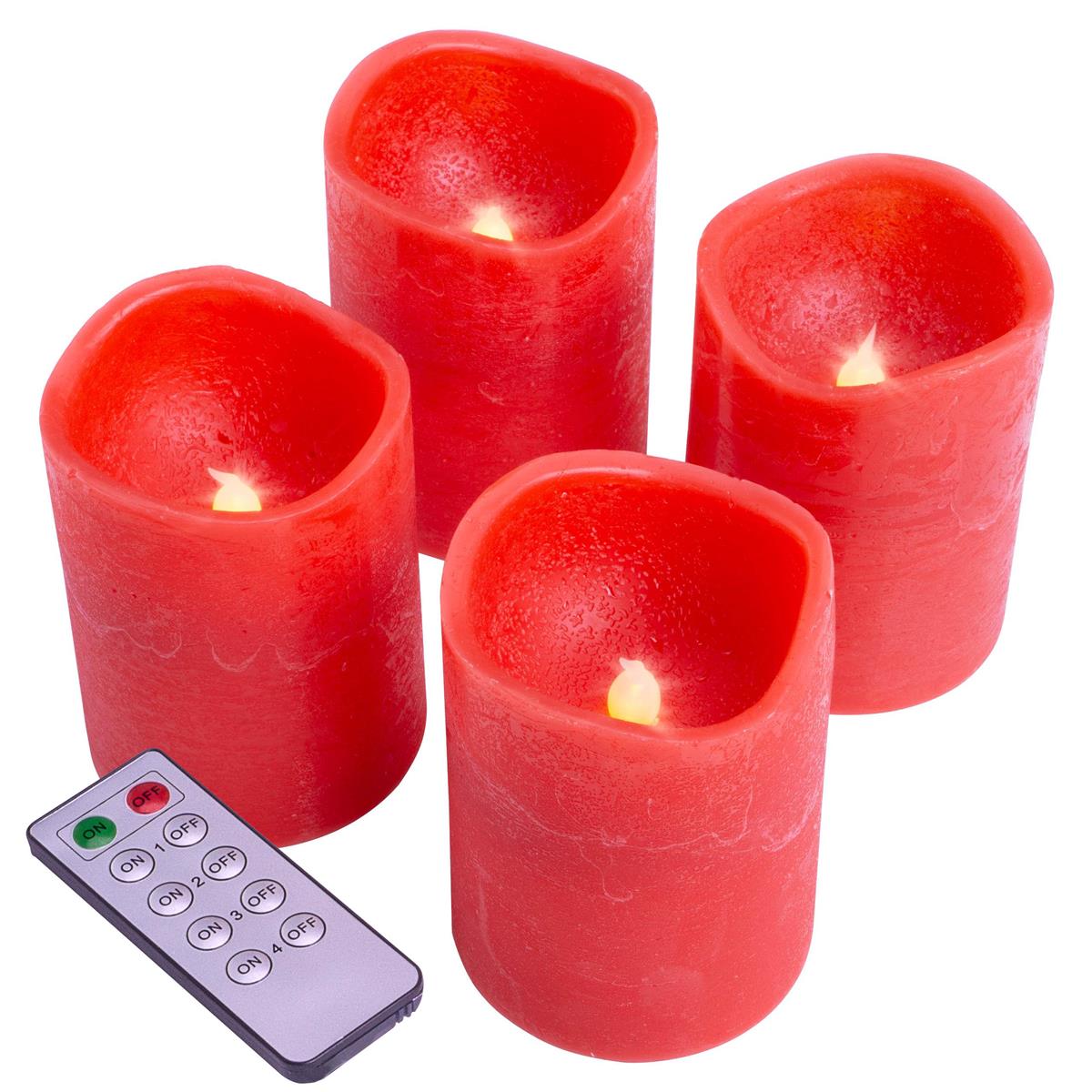 4er Set LED Echtwachskerzen Adventskerzen rot mit Fernbedienung Batterie